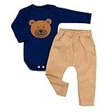 Conjunto Bebê Body Bordado Manga Longa Com Calça Jeans Ou Calça Ecolinho Sustentável - Era Uma Vez 0-12 Meses -Urso Azul Marinho- 6-9 Meses-