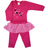 Conjunto Bebê Body Longo Suedine Calça Saia Tule Algodão