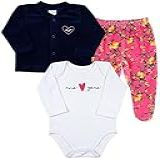 Conjunto Bebê Inverno Menina Casaco Plush Liso Calça Plush Estampado E Body Suedine Silk Coração Marinho P