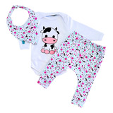 Conjunto Bebe Menina Com Babador Fofo Algodão