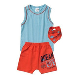 Conjunto Bebê Menino Regata Machão Short Ocean Com Babador