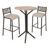 Conjunto Bistro Ciplafe Dani 2 Banquetas Alta Tubo Bronze Tampo Bp Carvalho 0 65m Assento Linho Bege