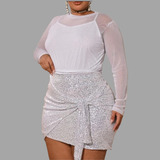 Conjunto Blusa Tule Saia Cintura Alta Paetê Brilho Plus Size