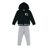 Conjunto Blusão Casaco Ziper Capuz Calça Moletom Preto Cinza