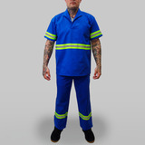 Conjunto Brim Camisa Manga Curta Calça Faixa Refletiva Azul