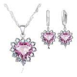 Conjunto Brinco Colar Banhado A Prata Zirconias Coração Rosa