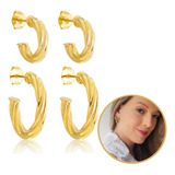 Conjunto Brincos 2 Argolas 1o E 2o Furo Banhado A Ouro 18k