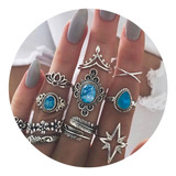 Conjunto C 11 Anéis Boho Escultura Flores Cristais Estrela