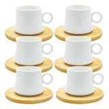 Conjunto Café 6 Xícaras 6 Pires Bambu 60ml Porcelana Branca