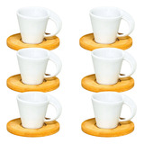Conjunto Café 6 Xícaras Porcelana Branca 6 Pires Bambu 60ml