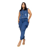 Conjunto Calça E Colete Jeans Feminino Plus Size 48 Ao 56
