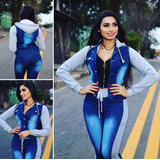 Conjunto Calça E Jaqueta Jeans Com Moletom Feminino