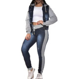 Conjunto Calça Jeans Moletom Jaqueta Jeans Com Moletom Capuz