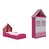 Conjunto Cama Casinha Guarda Roupa Casinha Pink Rosa Gelius