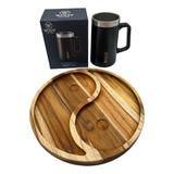 Conjunto Caneca Térmico Com Petisqueira Yin yang De Madeira