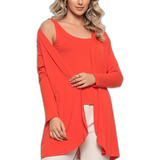 Conjunto Cardigan E Regata Manga Longa Malha Leve Inverno