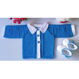 Conjunto Casaquinho Lã Croche Bebe Azul Com Branco