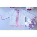 Conjunto Casaquinho Lã Croche Bebe Branco Com Rosa E Lilás