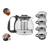 Conjunto Chaleira Bule Com Infusor 1l E 4 Xícaras Em Vidro Cor Preto
