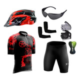 Conjunto Ciclismo Capacete Bike Luvas Óculos Manguitos