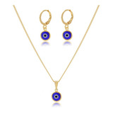 Conjunto Cola E Brinco Olho Grego Folheado A Ouro 18k