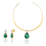 Conjunto Colar Aro E Brinco Pedra Esmeralda Natural Luxo