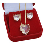 Conjunto Colar E Brinco Coração Cristal Banhado A Ouro 18k