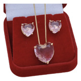 Conjunto Colar E Brinco Coração Rosa Banhado A Ouro 18 Lindo