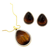 Conjunto Colar E Brinco Gota Olho De Tigre Folheado E Ródio