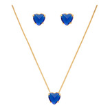 Conjunto Colar E Brinco Pedra Azul Royal Folheado A Ouro 18k
