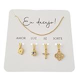 Conjunto Colar Gargantilha Kit Com 4 Pingente Amor Luz Fé Sorte Banhado A Ouro Corrente Feminina Elegante Dourado