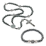 Conjunto Colar Terço Pulseira Masculino Hematita São Bento