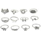 Conjunto Com 12 Anéis Femininos Prata Raposa Elefante Cacto