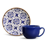 Conjunto Com 6 Xícaras De Chá Com Pires Coup Asteca 260ml Off white E Azul Porto Brasil