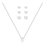 Conjunto Corrente Trio Brinco Ponto Luz Coração Prata 925
