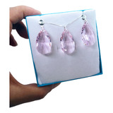 Conjunto Cristal Swarovski Gota 2 8cm Rosaline Em Prata 925