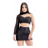 Conjunto Cropeed E Saia Paetê Feminino Moda Blogueira