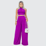 Conjunto Cropped Frente Única Bojo Calça Pantalona Flare Top
