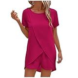 Conjunto De 2 Peças Para Mulheres Verão Manga Curta Gola Redonda Fenda Frontal Assimetria Túnica Casual Shorts Soltos Rosa Choque P