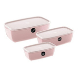 Conjunto De 3 Potes Multiuso Retangular Com Tampa Em Plástico Cor Rosa