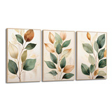 Conjunto De 3 Quadros Botânicos Folhas Douradas E Verdes