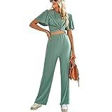 Conjunto De Calça Superior Terninho De Crochê De 2 Peças Vazado Elegante Casual Solto Para Trabalho De Escritório S 