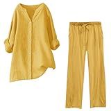 Conjunto De Calças Femininas De Linho Camisetas E Calças Para Mulheres Conjunto De 2 Peças E Calças 2024 E 076 Amarelo Mostarda M