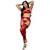 Conjunto De Calcinha E Sutiã Sexy Feminino Cinta Liga Lingerie Meia Calça De Perna Fantasia Completa -Vermelho- G-