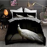 Conjunto De Capa De Edredom De Casal De Pavão Branco Preto 3 Peças Capa De Edredom De Microfibra Macia Texturizada 172 X 228 Cm E 2 Fronhas Com Fecho De Zíper E Laços