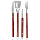Conjunto De Churrasco 4 Peças Inox Com Cabo De Madeira Mor
