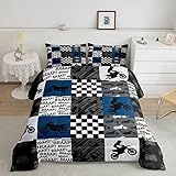 Conjunto De Edredom De Bicicleta De Sujeira Tamanho Solteiro Preto Cinza Azul Motocross Conjunto De Cama Crianças Meninos Adolescentes Homens Quarto Corrida Tema Patchwork Grade Conjunto Moda Motocicleta Silhueta Edredom Inserção 2 Peças