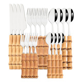 Conjunto De Louças Prateadas Com Alça De Bambu Natural Drmfi
