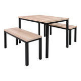 Conjunto De Mesa Jantar Ciplafe Mega 2 Bancos Tampo Madeira Carvalho Tubo Preto Fosco 1 10m 4 Lugares