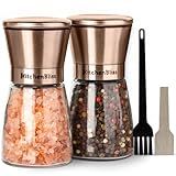Conjunto De Moedor De Sal E Pimenta De Aço Inoxidável De Cobre Premium Kitchen Bliss Agitadores De Vidro Curtos Moinhos De Grossura Ajustáveis Recarregável Com Sal Do Himalaia Pimenta Preta 